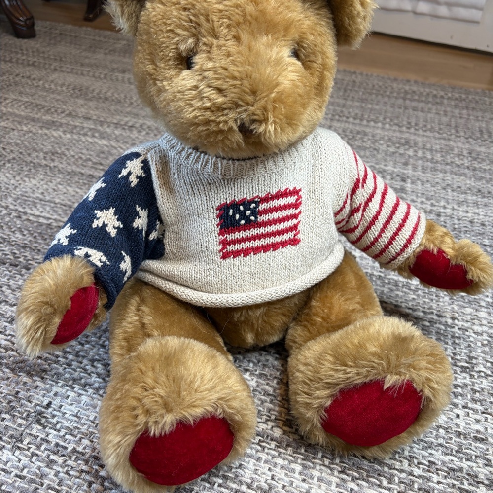 Marisa Christina Rare Vintage Patriotic Plush Bear in Soft Brown W/Flag Sweater